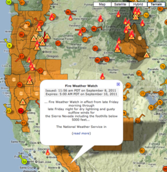 Map with red flag warnings.